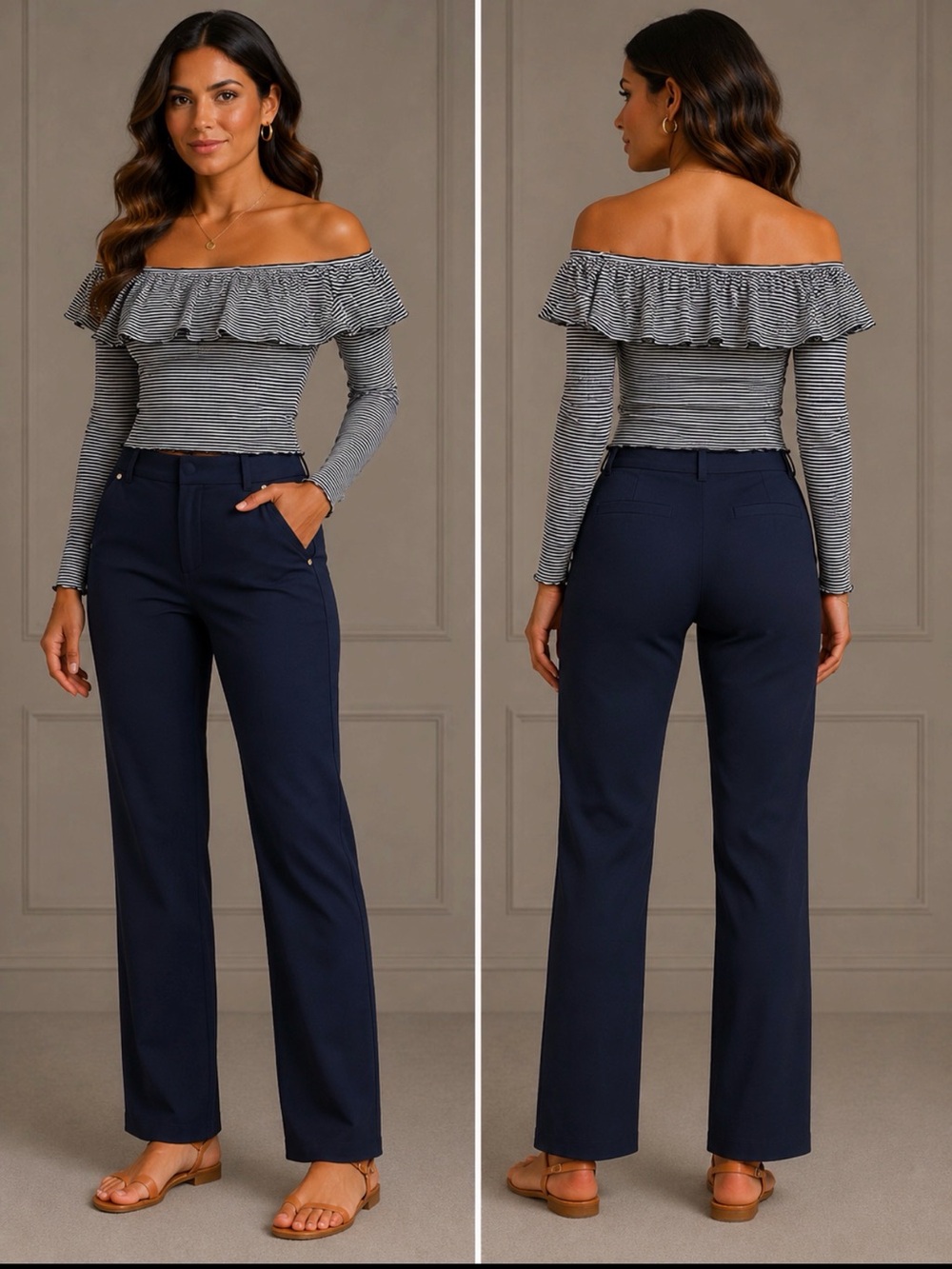 Abercrombie & Fitch Black and White Striped Off-Shoulder Ruffle Top